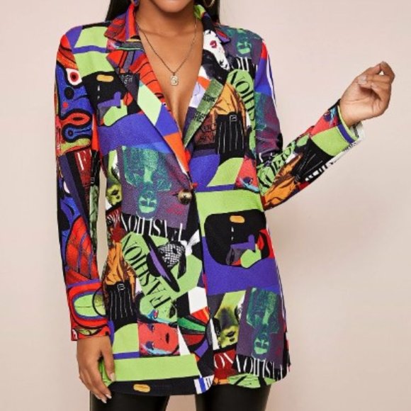 Allover Print Single Button Longline Blazer - Picture 1 of 8